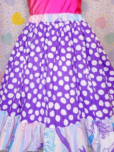 Purple dot 80's carousel unicorn ruffled midi skirt, size 3X