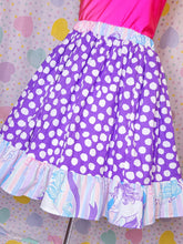 Load image into Gallery viewer, SALE Purple dot 80&#39;s carousel unicorn ruffled midi skirt, size 3X