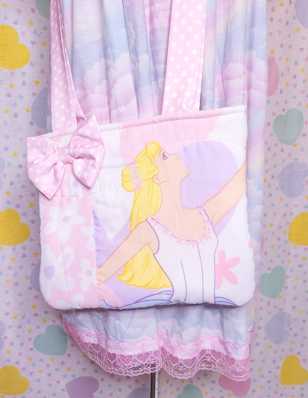 90's ballerina doll upcycled spank kei quilted tote bag
