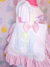 Load image into Gallery viewer, Upcycled baby rocking horse quilted ruffle tote bag