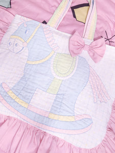 Upcycled baby rocking horse quilted ruffle tote bag