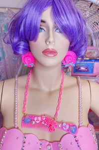 Hot pink doll comb chunky bling maximalist necklace