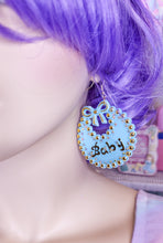 Load image into Gallery viewer, Blue and gold Rhinestone Baby earrings, chunky bling bimbo drag queen accessories