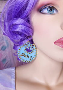 Blue and gold Rhinestone Baby earrings, chunky bling bimbo drag queen accessories