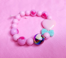 Load image into Gallery viewer, Pink heart mint bow dollcore stretch kandi bracelet