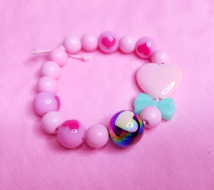 Pink heart mint bow dollcore stretch kandi bracelet