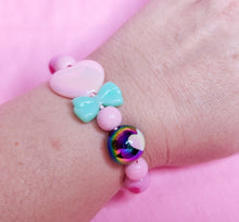 Load image into Gallery viewer, Pink heart mint bow dollcore stretch kandi bracelet
