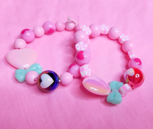 Pink heart mint bow dollcore stretch kandi bracelet
