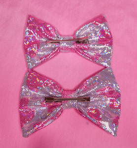 Pink cow spot holographic hair bow