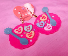 Load image into Gallery viewer, Conversation hearts on plates lovecore earrings, chunky bling bimbo drag queen accessories