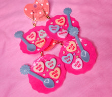 Load image into Gallery viewer, Conversation hearts on plates lovecore earrings, chunky bling bimbo drag queen accessories
