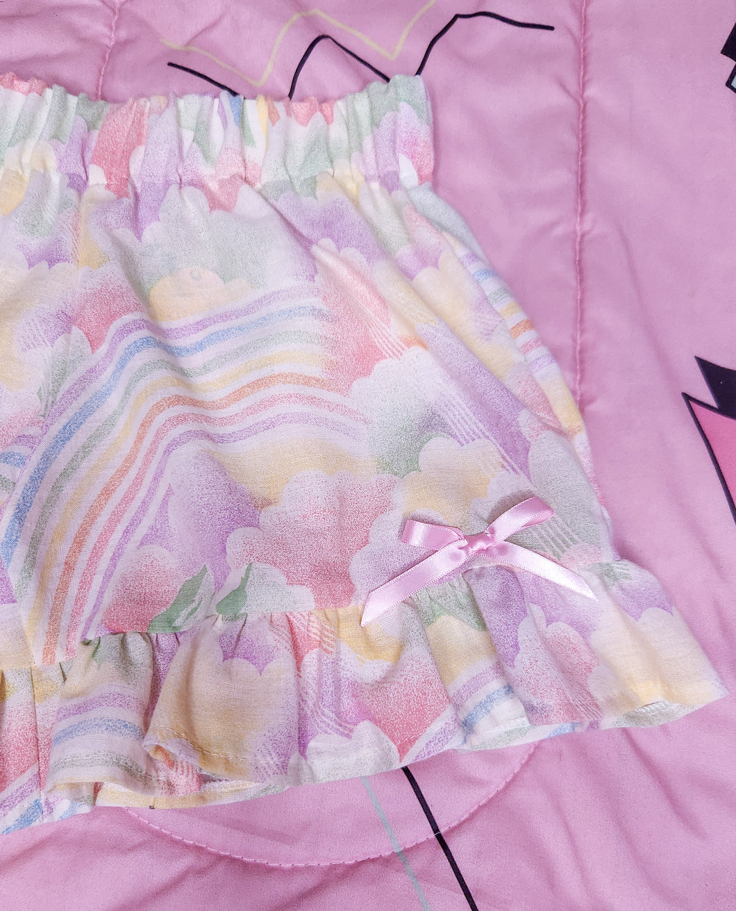 Pink rainbow upcycled fairy kei ruffle shorts, size small