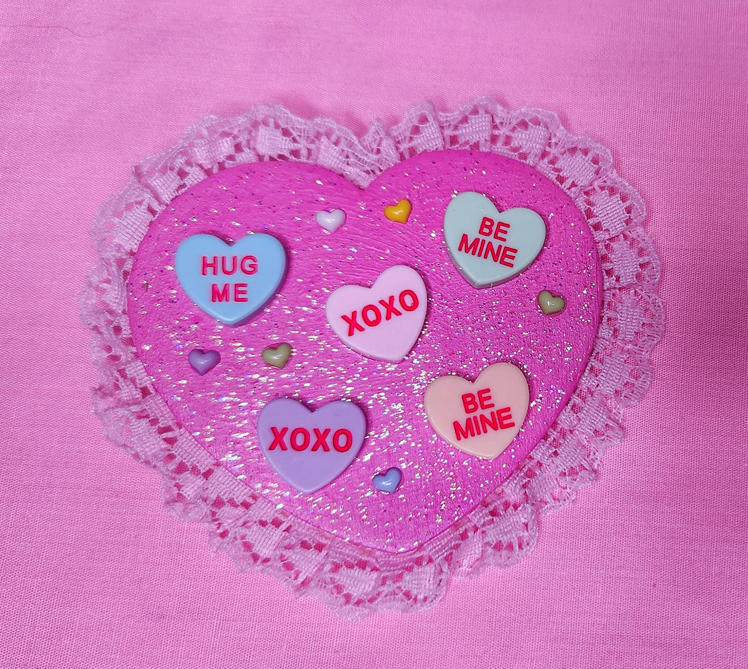 Pink Conversation hearts 2-way clip brooch