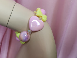 Pink yellow bling heart bow lovecore kandi stretch bracelet