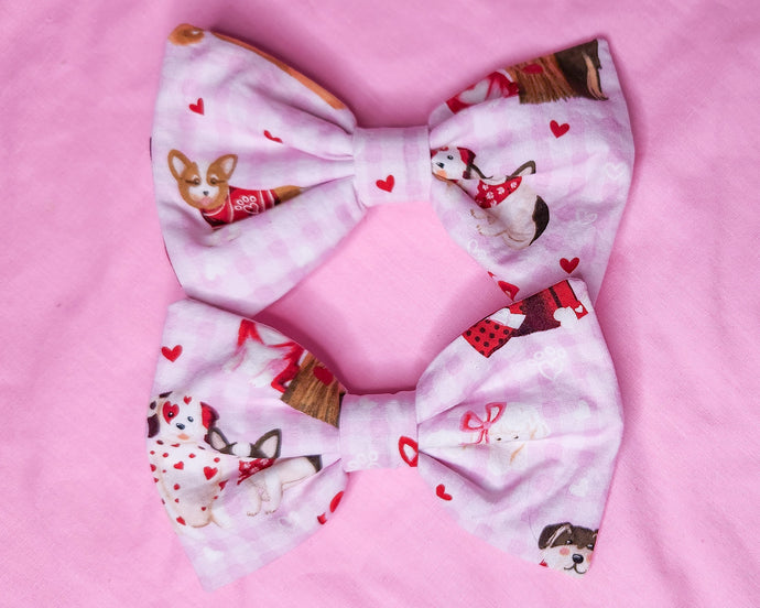 Puppy print pink gingham cottagecore lovecore Valentine's Day hair bow