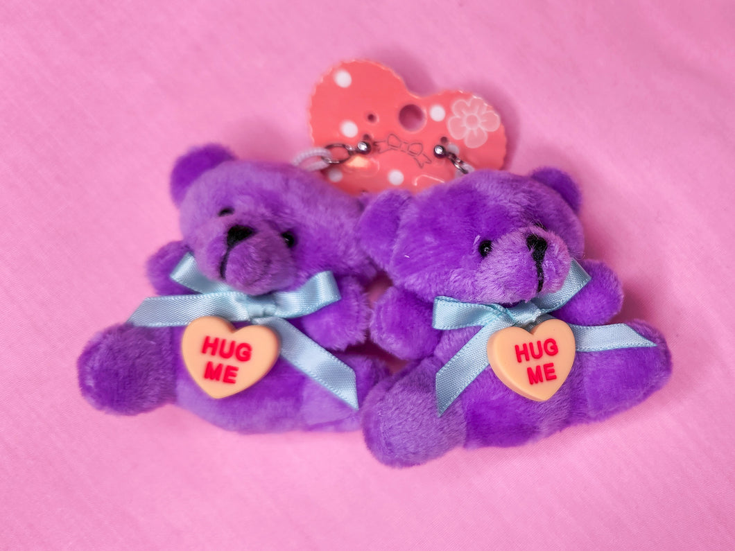 Purple plush teddy bear earrings, chunky valentine lovecore drag queen jewelry