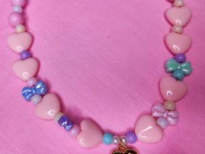 Beaded heart necklace, kawaii heart bow fairy spank kei maximalist jewelry