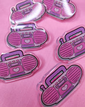 Load image into Gallery viewer, Glitter pink Boombox 90&#39;s acrylic pin, Miss Jediflip collab, 90&#39;s brooch, fairy spank kei