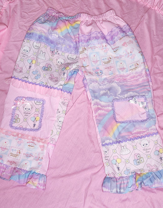 Pastel rainbow patchwork pants, fairy spank kei size XL