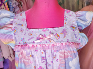 Pastel rainbow 90's carousel collage spank kei paneled 80s nightie dress size M