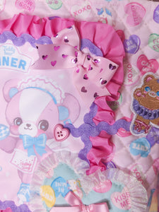 Pink teddy bear diner conversation hearts quilted tote bag