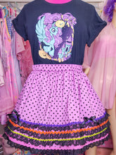 Load image into Gallery viewer, Purple/black polka dot lace/rickrack Halloween Spank kei skirt size L