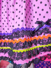 Load image into Gallery viewer, Purple/black polka dot lace/rickrack Halloween Spank kei skirt size L