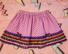 Load image into Gallery viewer, Purple/black polka dot lace/rickrack Halloween Spank kei skirt size L