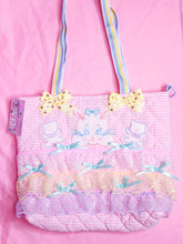 Load image into Gallery viewer, Pink gingham retro animal pastel ruffle iridescent lace quilted tote bag