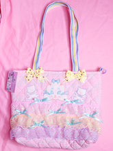 Load image into Gallery viewer, Pink gingham retro animal pastel ruffle iridescent lace quilted tote bag