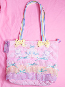 Pink gingham retro animal pastel ruffle iridescent lace quilted tote bag