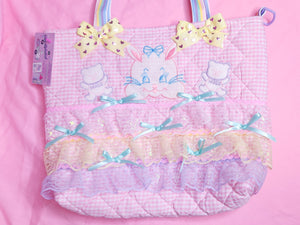 Pink gingham retro animal pastel ruffle iridescent lace quilted tote bag