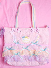 Load image into Gallery viewer, Pink eyelet retro animal pastel ruffle iridescent lace quilted tote bag