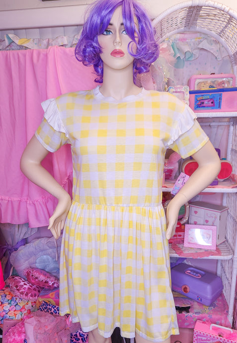 SALE yellow gingham print knit sack dress, size XL fairy spank kei cottagecore