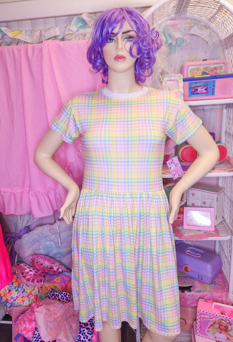 SALE rainbow gingham print knit sack dress, size S L fairy spank kei cottagecore