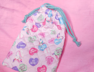 Conversation hearts lovecore quilted oxford drawstring bag