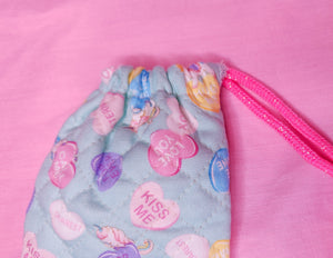 Mint conversation hearts lovecore quilted oxford drawstring bag