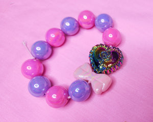 Pink purple rose iridescent bow kandi stretch bracelet