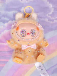 Tan Labubu full body crystal bling plush bag charm, key chain trinket Lafufu