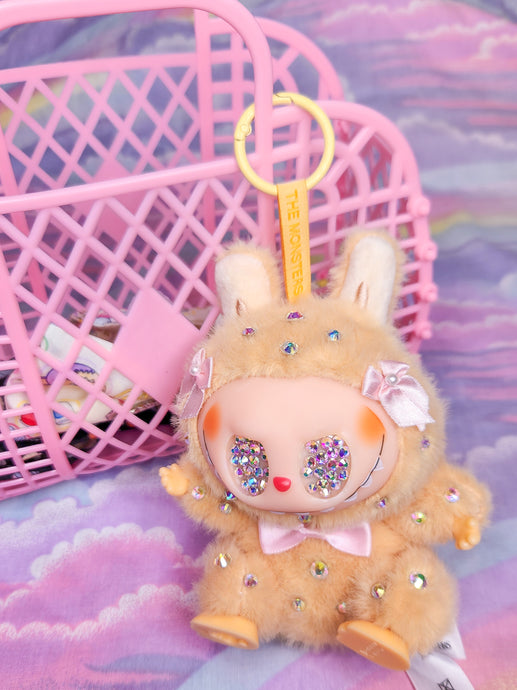 Tan Labubu full body crystal bling plush bag charm, key chain trinket Lafufu