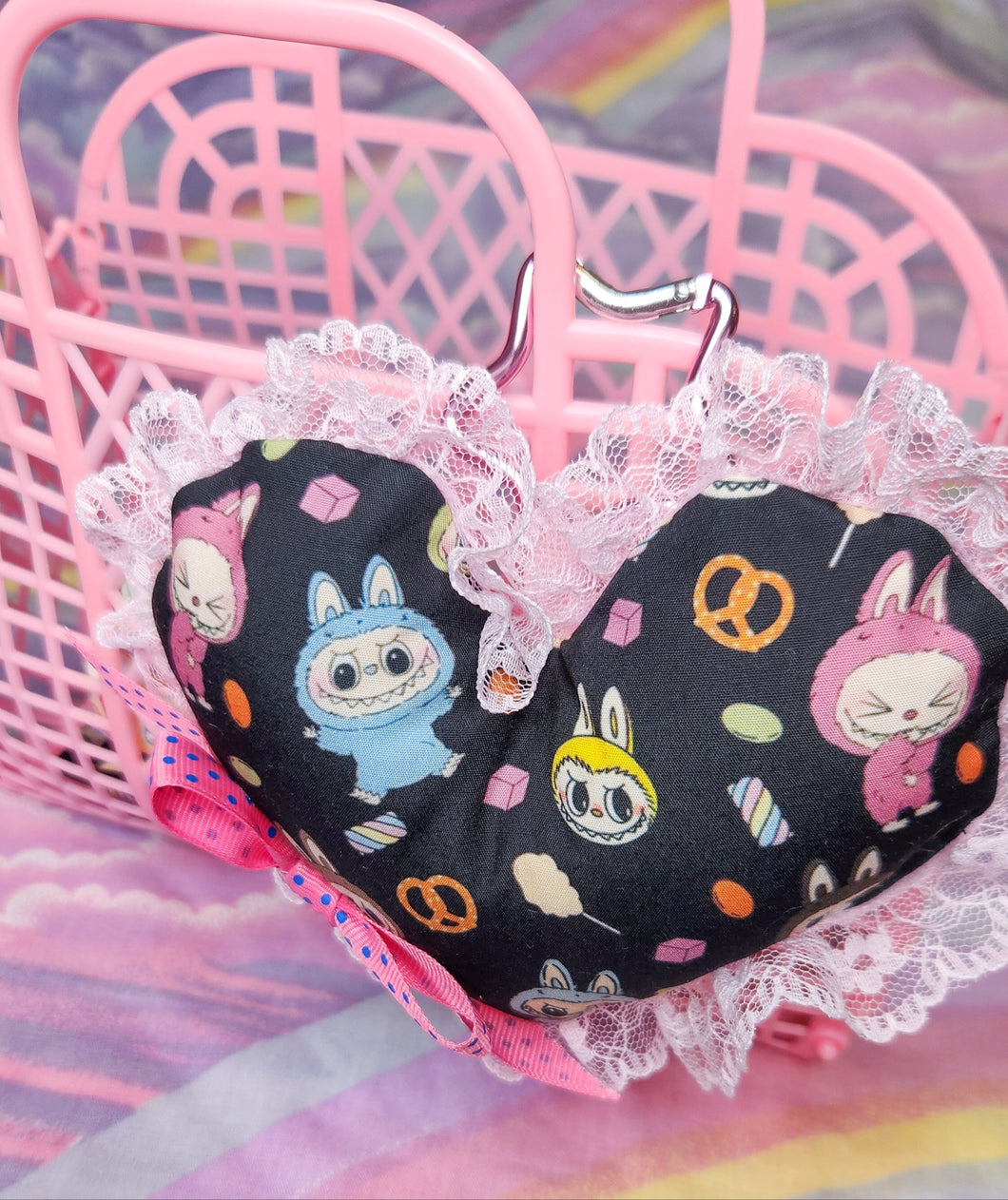 Labubu snacks heart plush bag charm, key chain trinket
