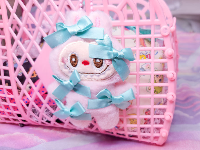 Pink Labubu full body coquette ribbon plush bag charm, key chain trinket Lafufu