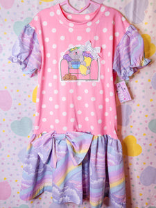Pink polka dot pastel rainbow t-shirt dress, size S/M