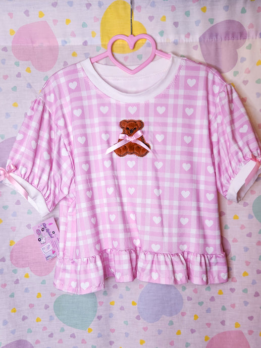 Gingham hearts bear cutsew ruffle blouse, size M