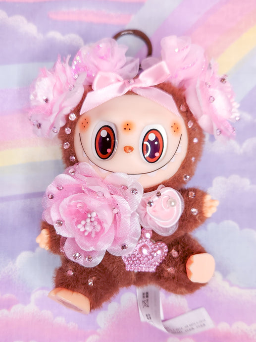 Brown/pink Hime gyaru Lafufu plush key chain trinket, Labubu bag charm