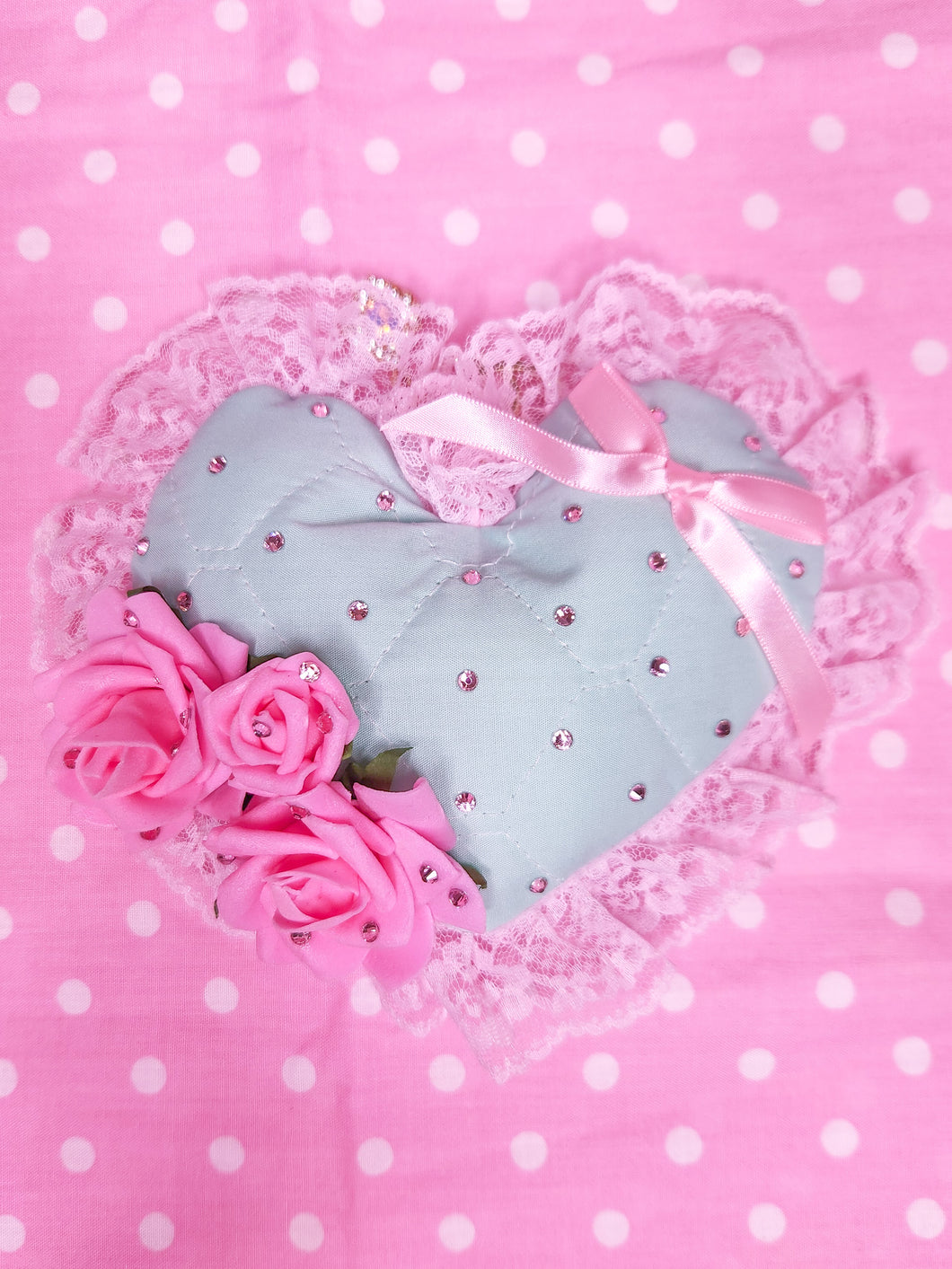 Mint green quilted heart plush key chain trinket, Hime gyaru bling
