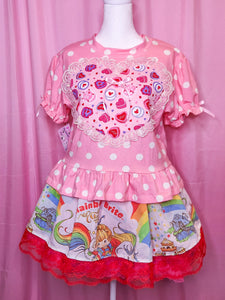 Heart cake polka dot cutsew ruffle blouse, pink lovecore size L