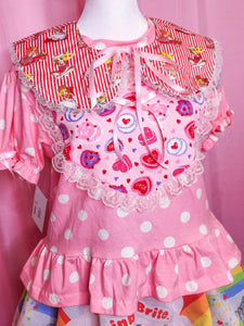 Heart cake polka dot cutsew ruffle blouse, pink lovecore size L