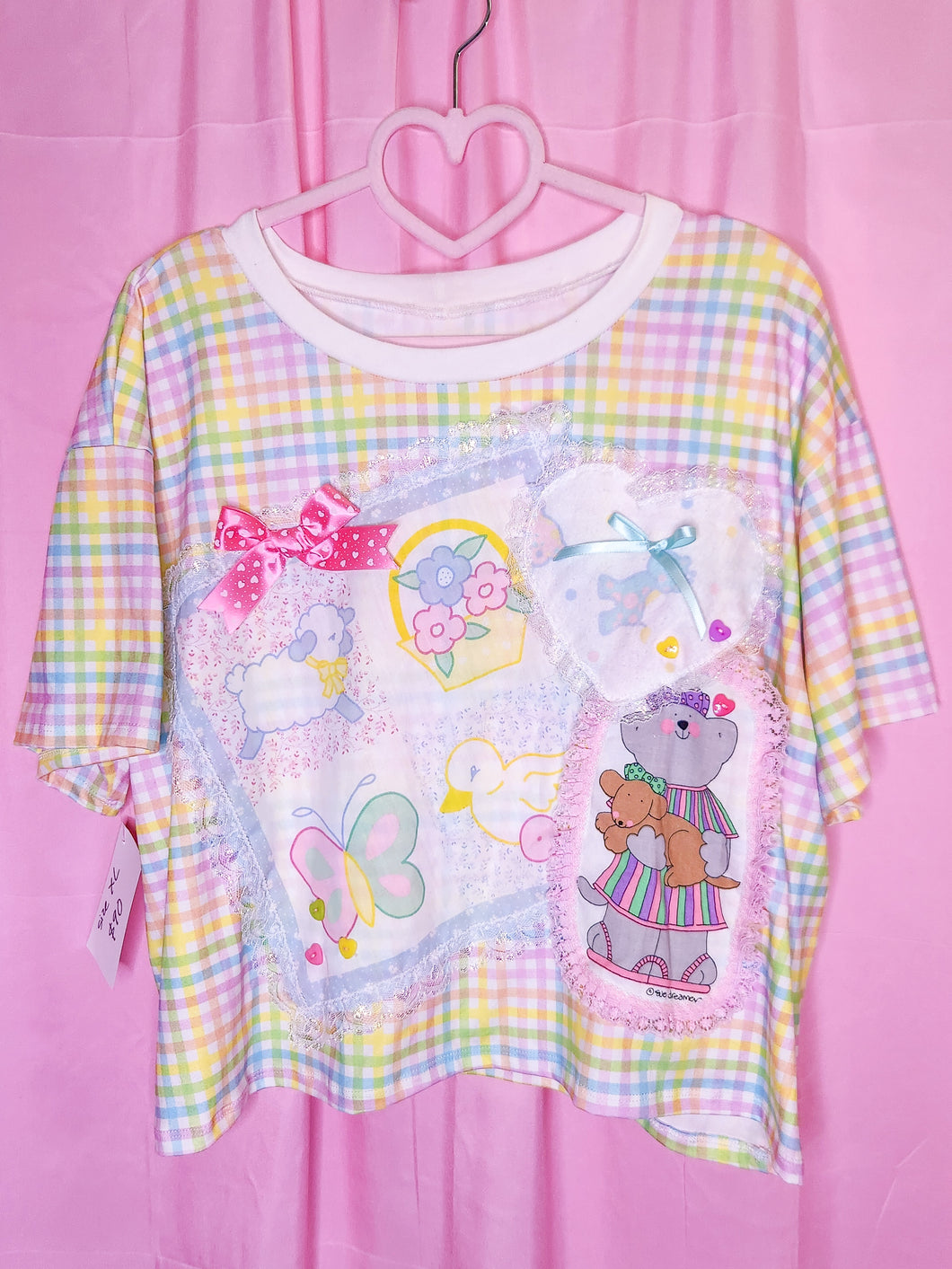 Rainbow gingham collage crop top, fairy spank kei size XL