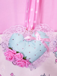 Mint green quilted heart plush key chain trinket, Hime gyaru bling